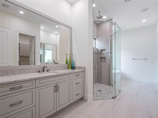 Bathroom, Glass Shower, Interior, Recessed Lighting, Wood Texture Flooring