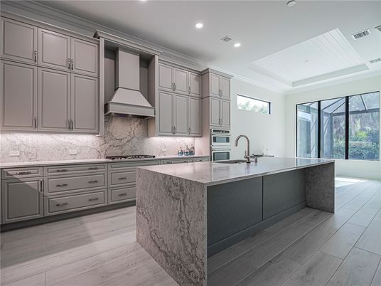 Interior, Kitchen, Marble Walls, Recessed Lighting, Wood Texture Flooring