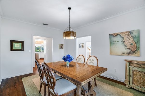 Dining room, Interior, Pendant Lights, Wood Texture Flooring