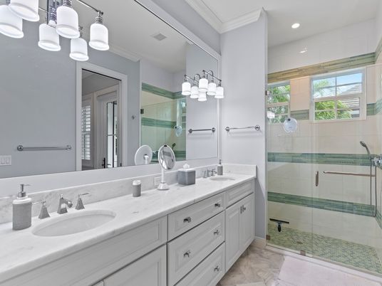 Bathroom, Dual Sink Vanities, Glass Shower, Interior, Recessed Lighting