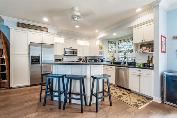 Interior, Kitchen, Recessed Lighting, Stainless Steel Appliances, Wood Texture Flooring