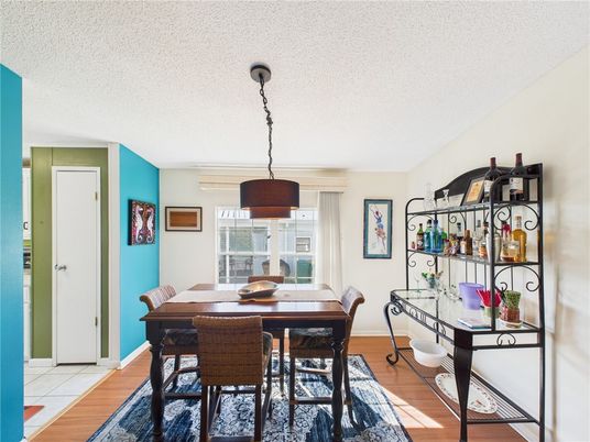 Dining room, Interior, Pendant Lights, Wood Texture Flooring