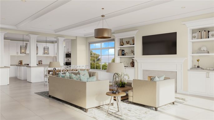 Fireplace, Interior, Kitchen, Living room, Pendant Lights, Recessed Lighting