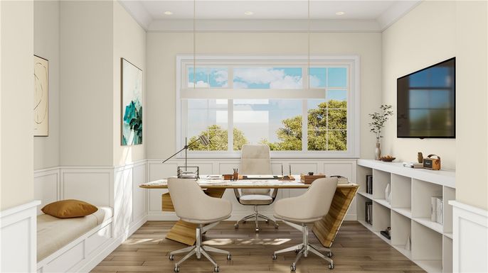 Home Office, Interior, Pendant Lights, Recessed Lighting, Wood Texture Flooring