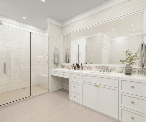 Bathroom, Dual Sink Vanities, Glass Shower, Interior, Recessed Lighting