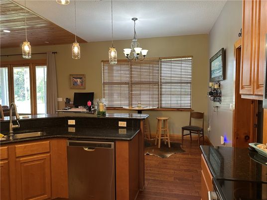 Chandelier, Interior, Kitchen, Pendant Lights, Recessed Lighting, Wood Texture Flooring