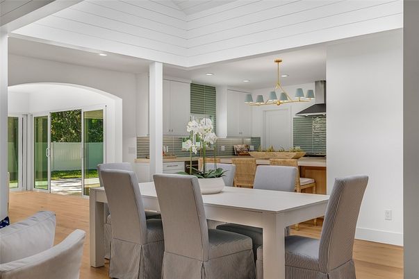 Dining room, Interior, Kitchen, Pendant Lights, Recessed Lighting, Wood Texture Flooring