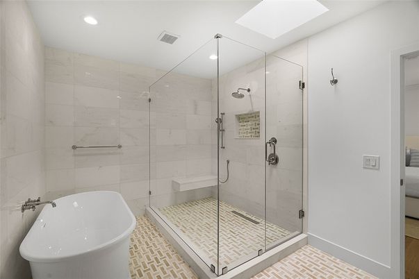 Bathroom, Free Standing Baths, Glass Shower, Interior, Marble Walls, Recessed Lighting