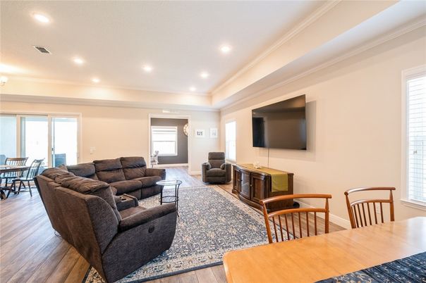 Dining room, Interior, Living room, Recessed Lighting, Wood Texture Flooring
