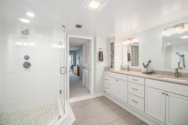 Bathroom, Dual Sink Vanities, Glass Shower, Interior, Recessed Lighting