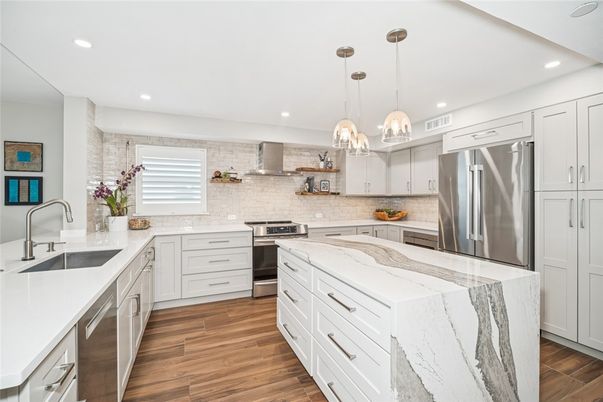 Interior, Kitchen, Pendant Lights, Recessed Lighting, Stainless Steel Appliances, Wood Texture Flooring