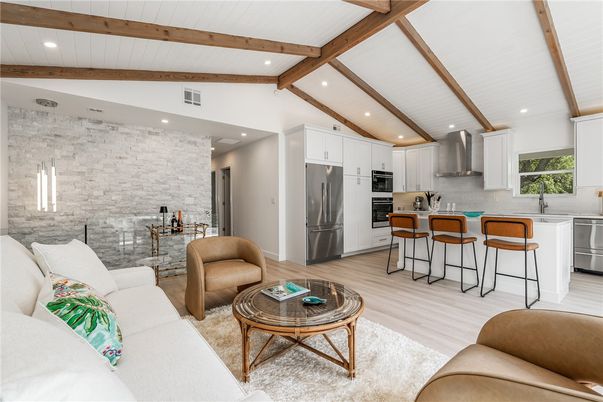 Interior, Kitchen, Living room, Recessed Lighting, Stainless Steel Appliances, Stone Walls, Wooden Beams, Wood Texture Flooring