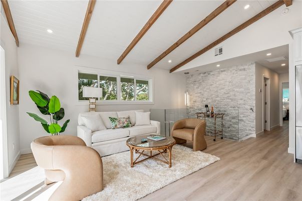 Interior, Living room, Recessed Lighting, Stone Walls, Wooden Beams, Wood Texture Flooring