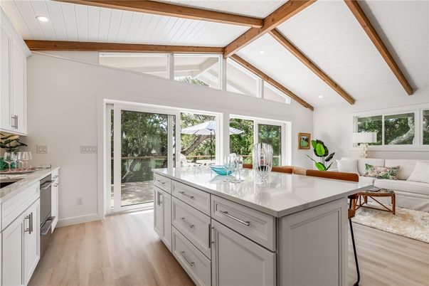 Interior, Kitchen, Living room, Recessed Lighting, Wooden Beams, Wood Texture Flooring