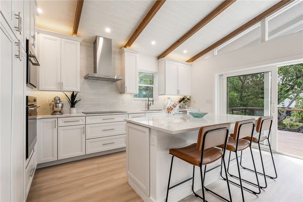 Interior, Kitchen, Recessed Lighting, Stainless Steel Appliances, Wooden Beams, Wood Texture Flooring