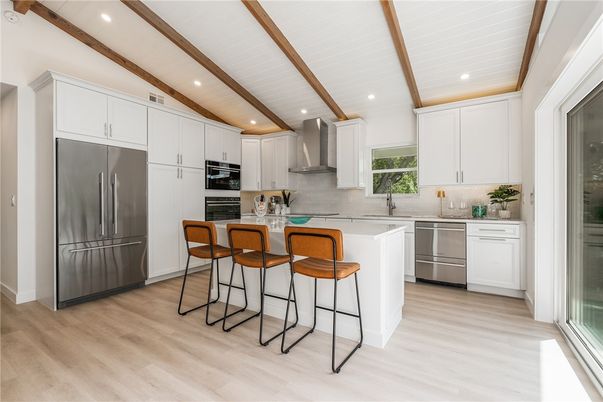 Interior, Kitchen, Recessed Lighting, Stainless Steel Appliances, Wooden Beams, Wood Texture Flooring
