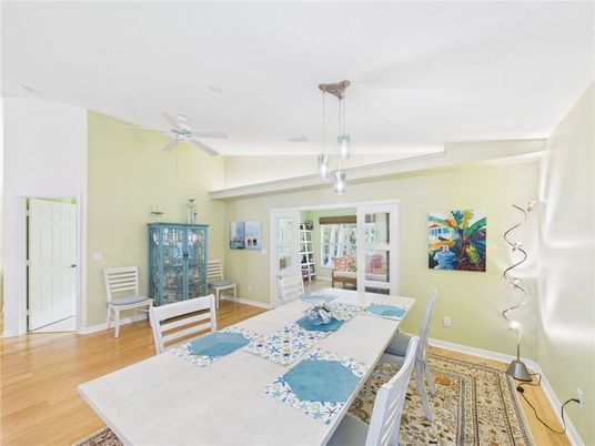 Dining room, Interior, Pendant Lights, Wood Texture Flooring