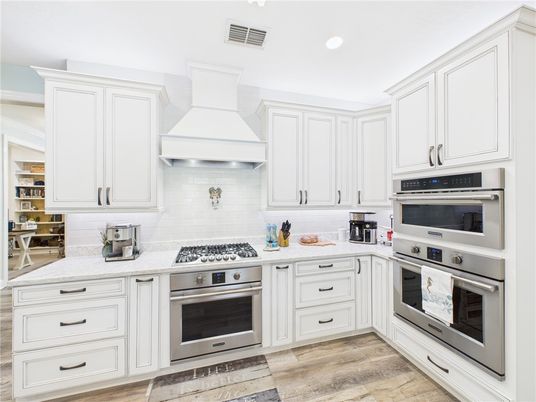 Interior, Kitchen, Recessed Lighting, Stainless Steel Appliances, Wood Texture Flooring