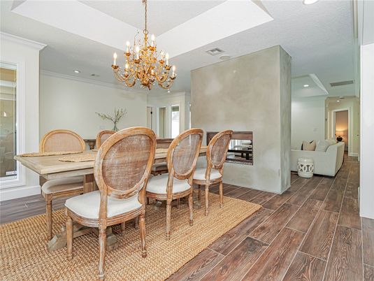 Chandelier, Dining room, Interior, Living room, Recessed Lighting, Wood Texture Flooring