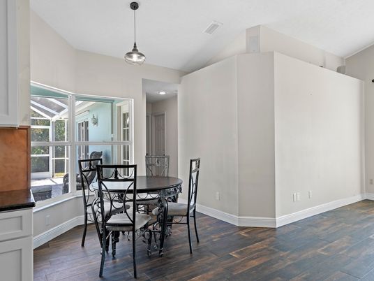 Dining room, Interior, Pendant Lights, Recessed Lighting, Wood Texture Flooring