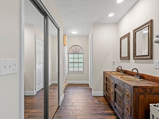 Bathroom, Dual Sink Vanities, Interior, Recessed Lighting, Wood Texture Flooring