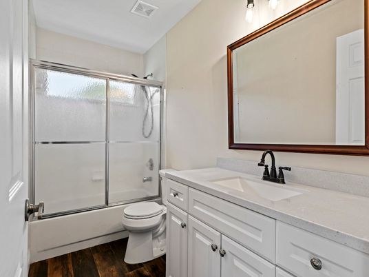 Bathroom, Glass Shower, Interior, Wood Texture Flooring