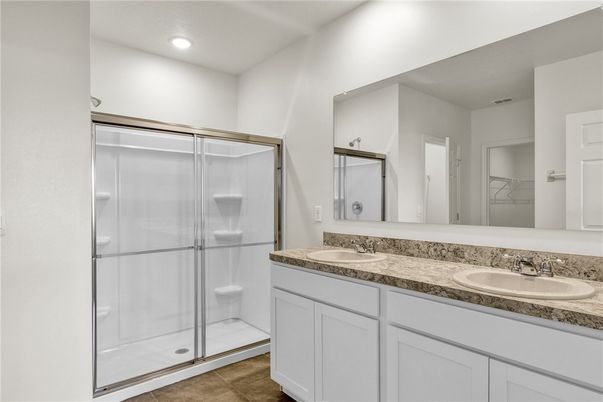 Bathroom, Dual Sink Vanities, Glass Shower, Interior, Recessed Lighting