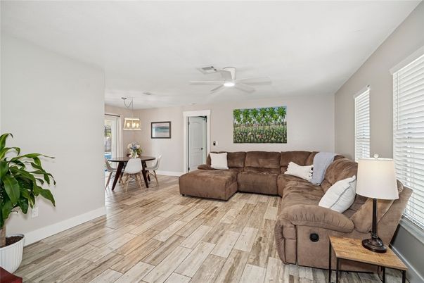 Dining room, Interior, Living room, Pendant Lights, Wood Texture Flooring