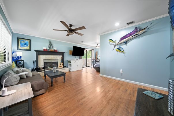 Fireplace, Interior, Living room, Recessed Lighting, Wood Texture Flooring