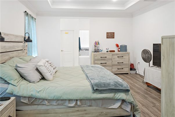 Bedroom, Interior, Recessed Lighting, Wood Texture Flooring