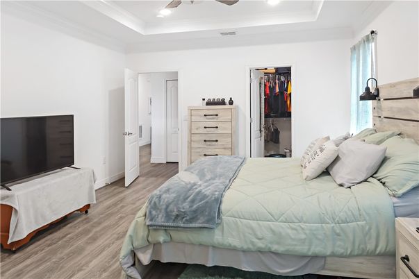 Bedroom, Interior, Recessed Lighting, Wood Texture Flooring