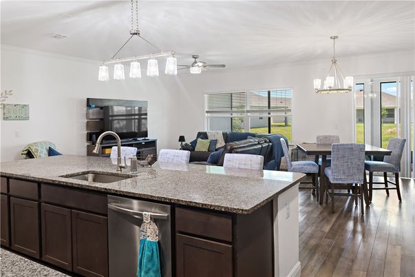 Dining room, Interior, Kitchen, Living room, Pendant Lights, Wood Texture Flooring