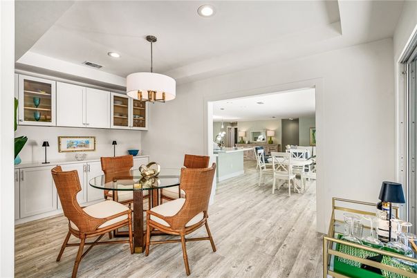 Chandelier, Dining room, Interior, Pendant Lights, Recessed Lighting, Wood Texture Flooring