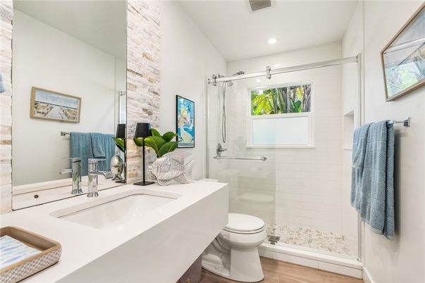 Bathroom, Glass Shower, Interior, Recessed Lighting, Wood Texture Flooring