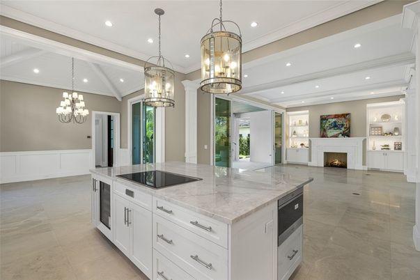 Chandelier, Fireplace, Interior, Kitchen, Pendant Lights, Recessed Lighting