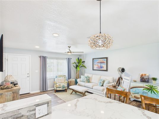 Interior, Living room, Pendant Lights, Recessed Lighting, Wood Texture Flooring