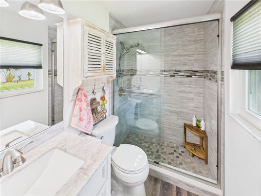 Bathroom, Glass Shower, Interior, Wood Texture Flooring