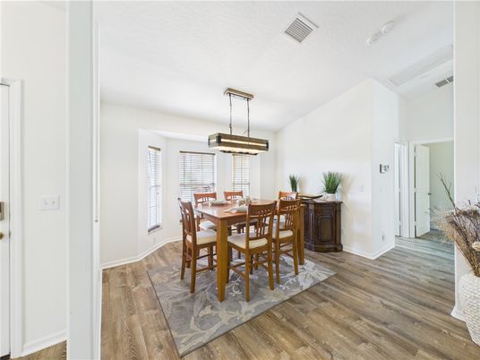 Dining room, Interior, Pendant Lights, Wood Texture Flooring