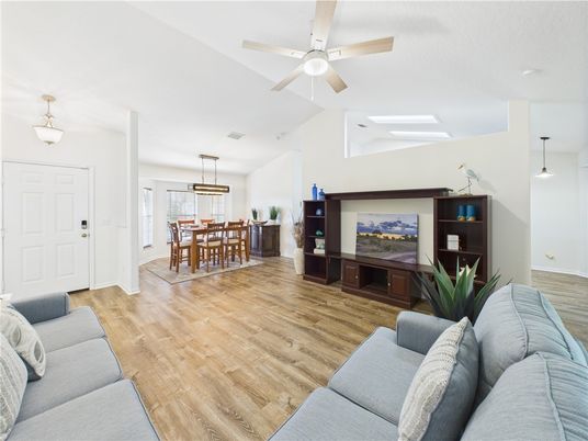 Dining room, Interior, Living room, Pendant Lights, Wood Texture Flooring