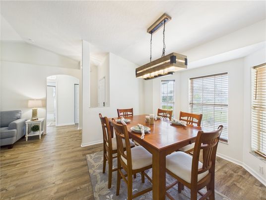 Dining room, Interior, Pendant Lights, Wood Texture Flooring