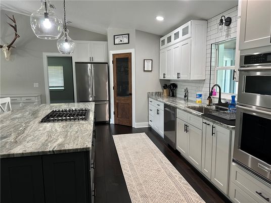 Interior, Kitchen, Pendant Lights, Recessed Lighting, Stainless Steel Appliances, Wood Texture Flooring