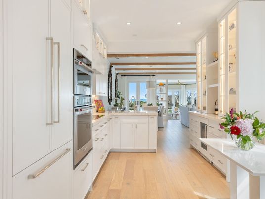 Interior, Kitchen, Pendant Lights, Recessed Lighting, Stainless Steel Appliances, Water, Wood Texture Flooring