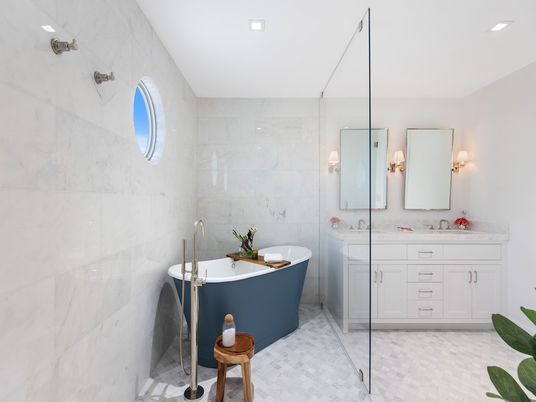 Bathroom, Dual Sink Vanities, Free Standing Baths, Glass Shower, Interior, Marble, Marble Walls, Recessed Lighting