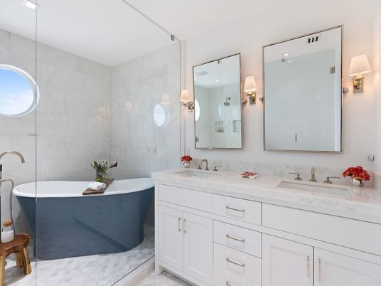 Bathroom, Dual Sink Vanities, Free Standing Baths, Glass Shower, Interior, Marble Walls