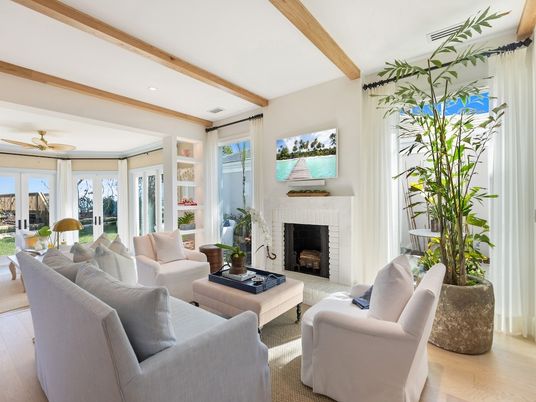 Fireplace, Interior, Living room, Recessed Lighting, Wooden Beams, Wood Texture Flooring