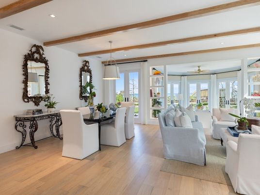 Dining room, Interior, Living room, Pendant Lights, Recessed Lighting, Wooden Beams, Wood Texture Flooring