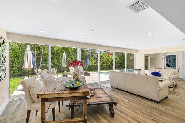 Dining room, Interior, Living room, Recessed Lighting, Wood Texture Flooring
