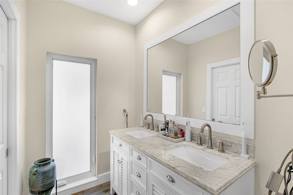 Bathroom, Dual Sink Vanities, Interior, Recessed Lighting, Wood Texture Flooring
