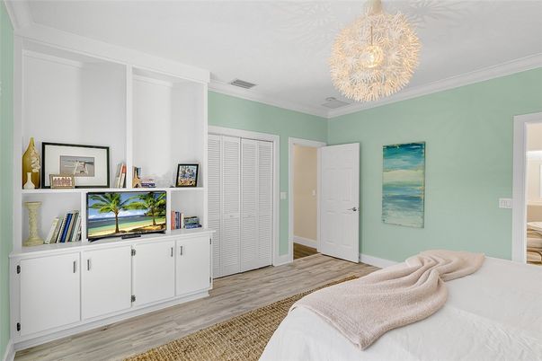 Bedroom, Chandelier, Interior, Wood Texture Flooring