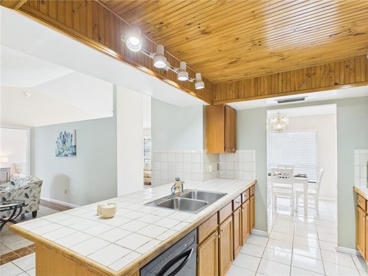Chandelier, Dining room, Interior, Kitchen, Tile Countertops, Wooden Ceilings